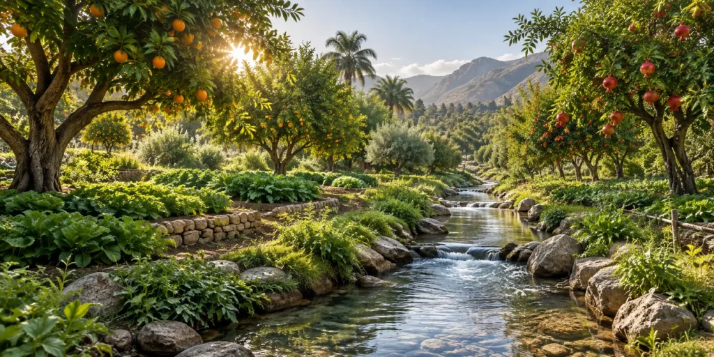 Two lush gardens with fruit trees and a stream representing the story of the garden owners.