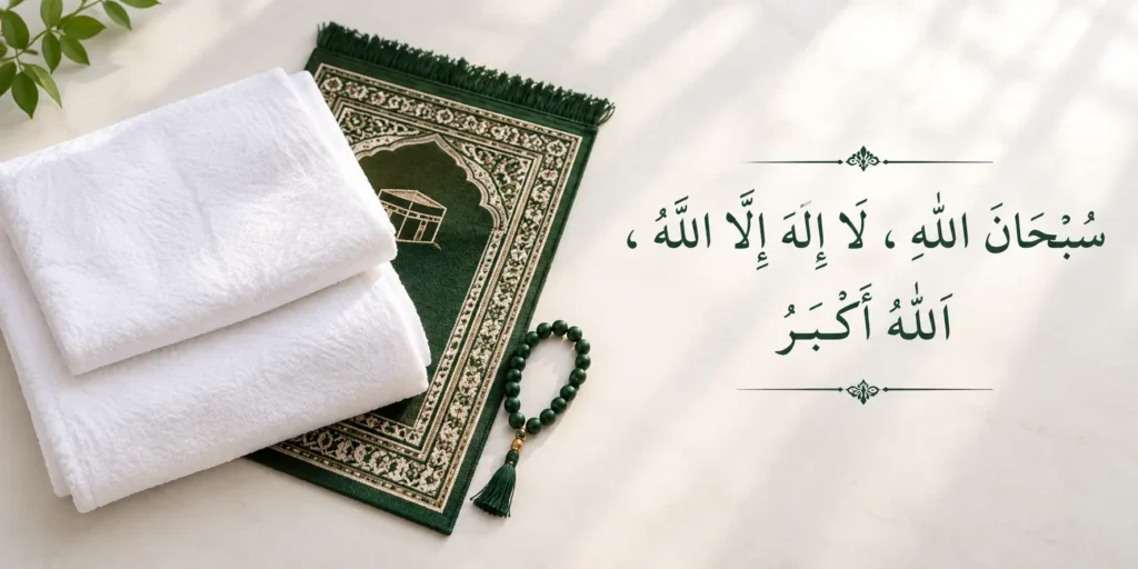 Folded white Ihram garments with Tasbih, Tahlil and Takbeer written in Arabic